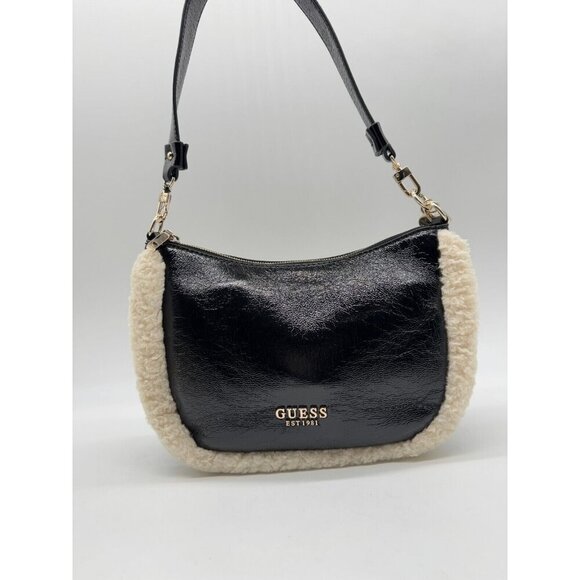 GUESS Davika crinkle faux-leather Sherpa trim hobo shoulder bag - Black - Picture 6 of 15